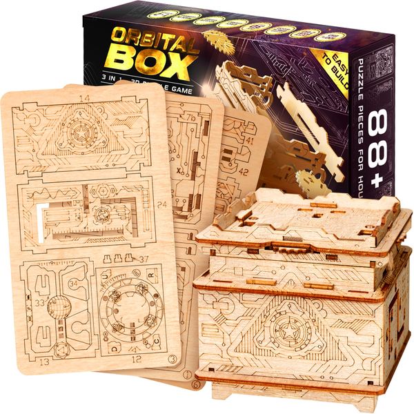 ESC WELT Orbital Box 3D Puzzle Erwachsene - 3 in 1 Puzzle Box Modellbau Escape Room Spiel Holzpuzzle - Geschenkbox Knobelspiel - Rätselbox 3D Holzpuzzle Erwachsene - Modellbausatz für Familie