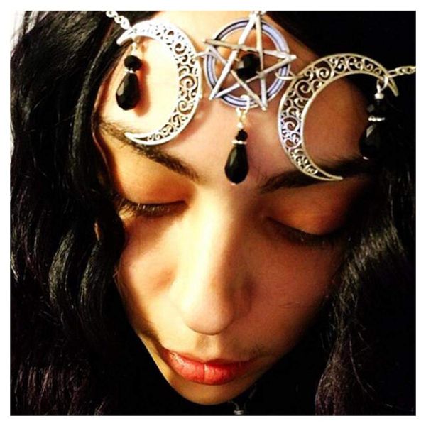 Tgirls Boho Pentagram Hair Chain Crescent Moon Head Chain Black Rhinestone Jewelry Headdress for Women and Girls