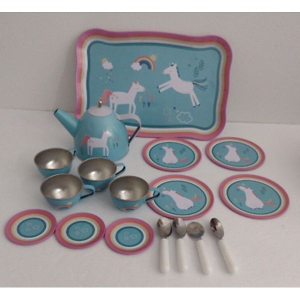 Tin Tea Set Magical Rainbow Unicorn 18 Piece Set Tray Teapot Plates Cups Spoons