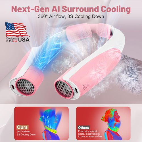 AI Portable Neck Fan with 6 Powerful Speeds, 8000mAh Battery Operated USB-C Rechargeable Fan, Hands-Free 360° Cooling Neck Fan,Twistable,Ultra-Quiet Personal Fan for Women Mother Office Travel(Pink)