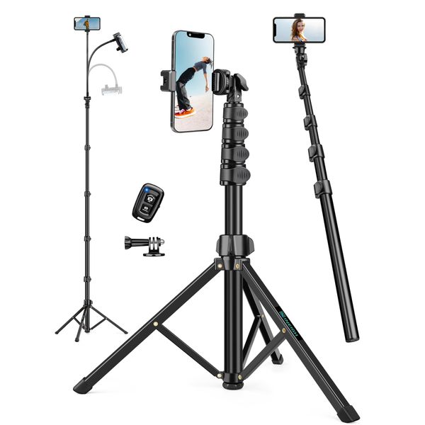 Phone Tripod, 81" Tripod for Cell Phone, Selfie Stick Phone Tripod for Video Recording Photo Vlog, Travel Tripod Stand with Gooseneck Remote Phone Holder, Compatible with iPhone15 14 13 12 11 Pro