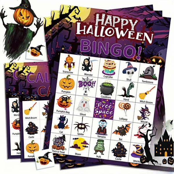 DimiGlobal 24 Halloween Bingo Game Cards for Kids Halloween Party Paper Bingo Cards Bulk,School Classroom Games,Halloween Party Bingo Supplies,Family Bingo Game Set Cards