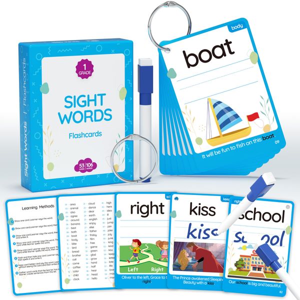 WJPC 55 Cards, 106PCS High Frequency First-Grade Sight Words Flash Cards, 1st Grade Phonics Learning Cards for 5,6,7,8 Years Ages Kids Boys, Girls Learn to Read, Write, Association, Sentence Making