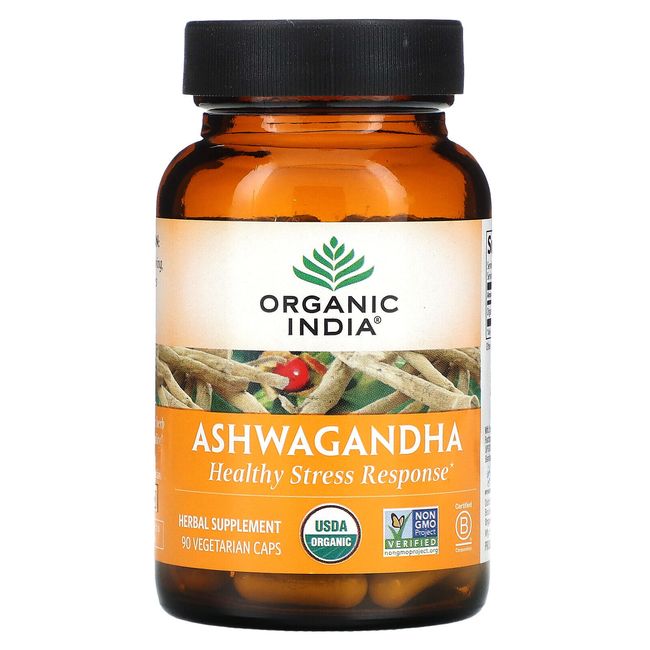 Organic India Organic Ashwagandha 90 Veg Caps B Corp, Gluten-Free, Halal,