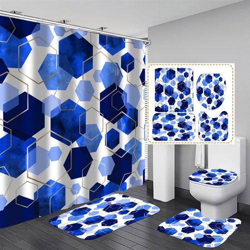 LQCOOL Blue Bathroom Curtain Set, 4Pcs Modern Art Geometric Shower Curtain with 12 Hooks, Waterproof, Blackout, 70.8' L x 70.8' W