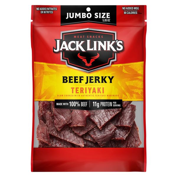 Jack Link's Beef Jerky, Teriyaki, 5.85 oz. Sharing Size Bag - Flavorful Meat Snack, 10g of Protein and 80 Calories, Made with Premium Beef - 95 Percent Fat Free, No Added MSG** or Nitrates/Nitrites