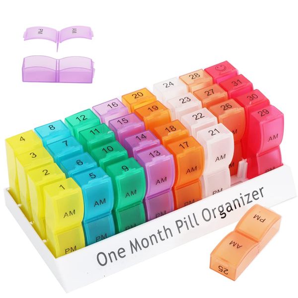 Queiting Monthly Pill Box Organiser 2 Times A Day Am Pm 31 Day Medicine Box with 32 Compartments Tablet Pill Container for Children Elder to Hold Vitamin Pills