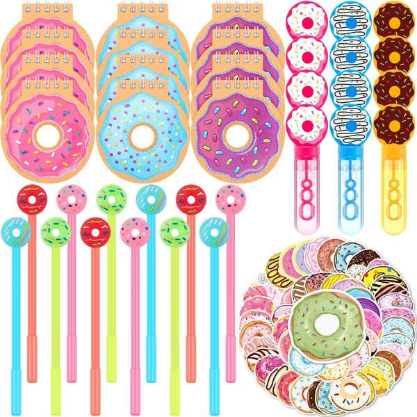 Rotatingpals 86 Pcs Donut Party Favors Donut School Stationery Set Class Reward Gift Prizes Mini Donut Notepads, Donut Stickers, Donut Bubble Wands and Donut Pens for Sweet Birthday Party