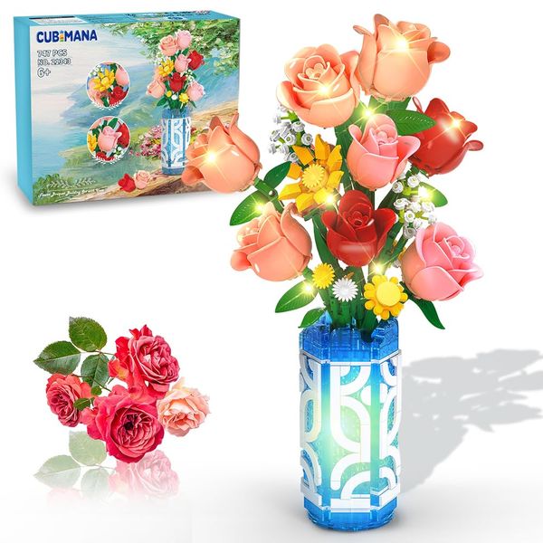 CUBIMANA Flowers Bouquet Building Set with Vase & LED Light, 747PCS Flowers Botanical Mini Building Blocks Toy, Artificial Roses Daisies Home Office Decor, Gifts for Valentine Mother's Day Birthday