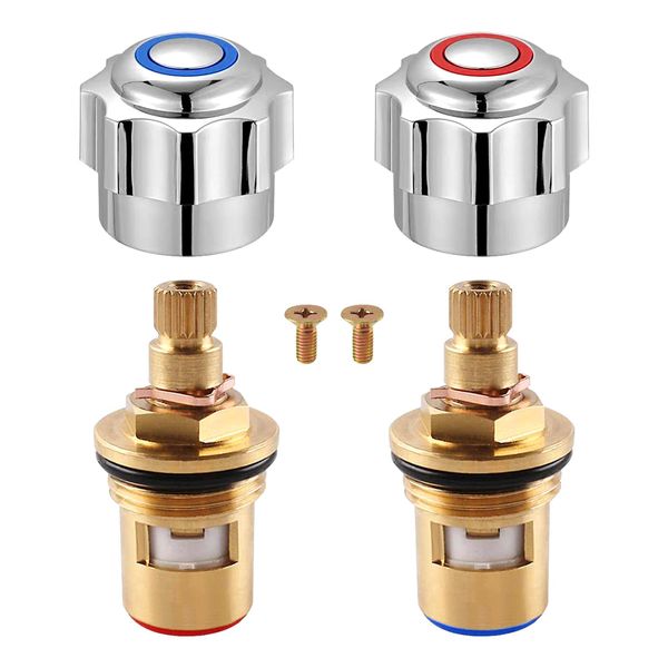 2Pcs Chrome Plated Red and Blue Tap Top, Standard Hot&Cold Tap Top Head Covers with Ceramic Cartridge, Top Head Faucet Cover Set, Sink Tap Top Replacement Head Covers for Bathroom Kitchen