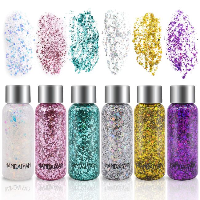 6 Bottle Glitzer für Gesicht Körper, Gesichtsglitzer, Body Glitter Gel, Schminke, mit 3 Kleinen Löffeln, für Weihnachten Festival Masquerade Birthday Makeup (White/Gold/Silver/Rosa/Grün/Lila)