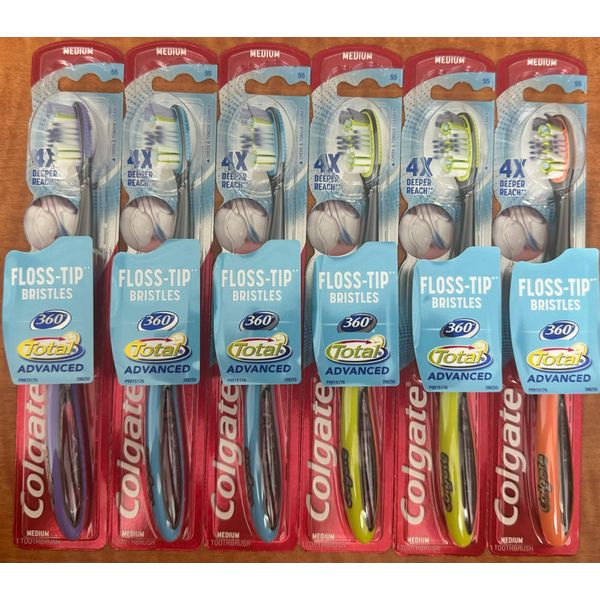 6Pack Colgate 360 Total Advanced Floss Tip Bristle Toothbrush MEDIUM Colors Vary