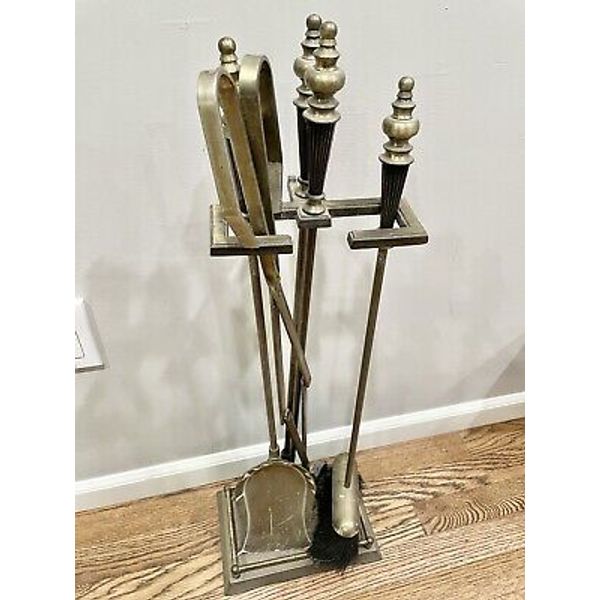 Set of Brass Tone Metal Fireplace Poker Broom Cleaner Tool Set  +