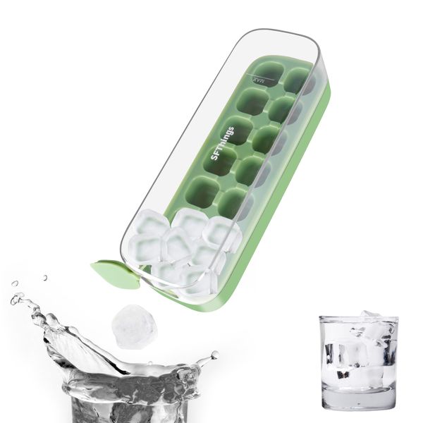 SFThings Ice Cube Tray with Lid and Bin, 14 Pcs Ice Cubes Mold for Freezer Easy Release, Qiuck Filling, No Touching, Food-Grade Silicone for Whiskey Other Drink(m-Green)