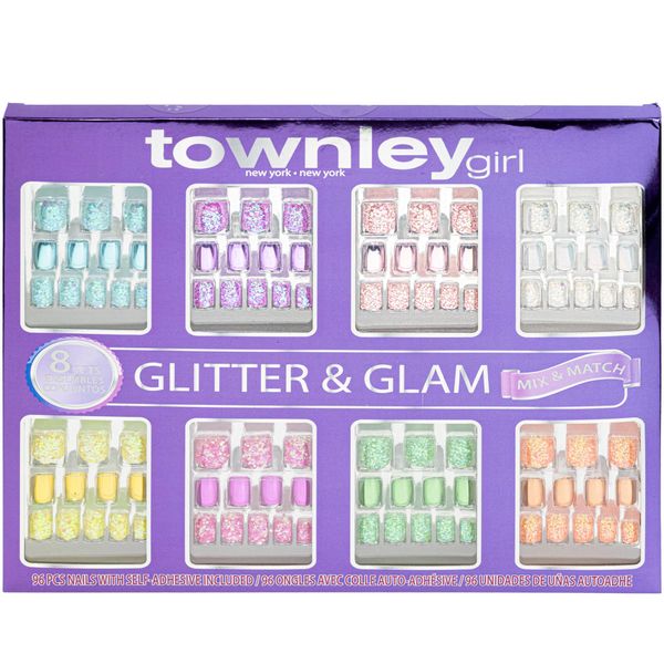 Townley Girl 96 PC Press- On Nails Set, Glitter and Glam, False Nails Set for Tweens with Pre-Glue Full Cover Acrylic Nail Tip Kit, Great for Gifts, Parties, Sleepovers and Makeovers