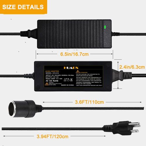 HUAPX AC to DC Converter 10A/120W/110v to 12V Car Cigarette Lighter Socket Adapter, AC/DC Power Supply Transformer for Tire Inflator Pump, RV Refrigerator, Vacuum Cleaner Accessories - 3Pin(10A)