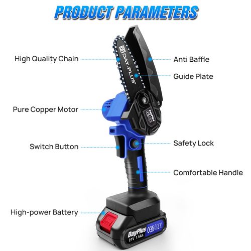 6inch Brushless Chainsaw 2000RPM Handheld Cordless Electric Chain Saws with 2Chains 1500mAh Battery Handheld Chainsaws for Cutting Wood Trees Gardening Pruning 1 Battery