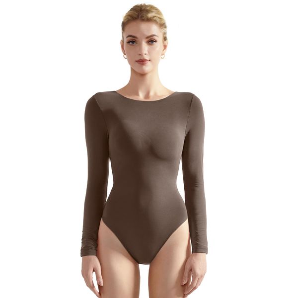 SUUKSESS Women Long Sleeve Bodysuit Basic Crew Neck Thong Body Suit Shirts Top for Spring (Brown, M)