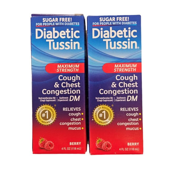 DIABETIC TUSSIN Max Cough & Congestion DM SUGAR FREE Berry 4oz ( 2 pack ) ^