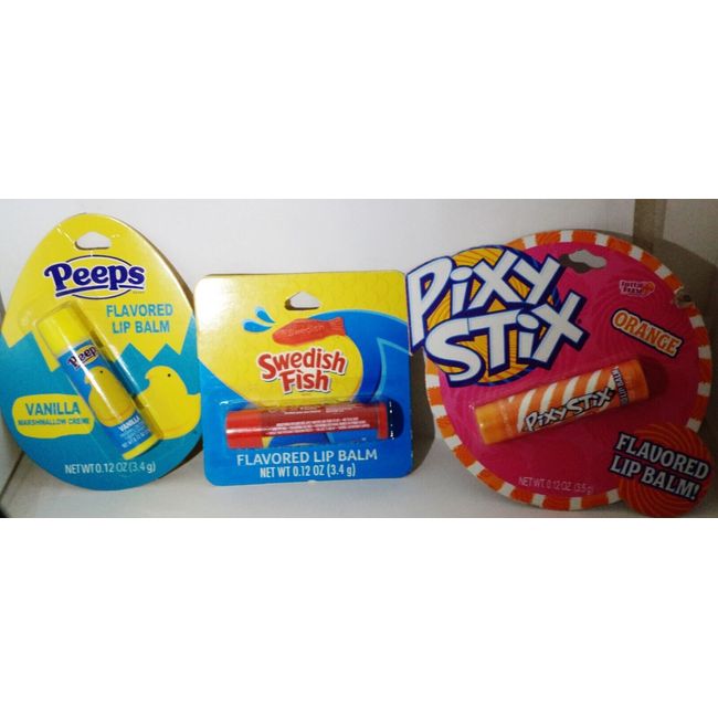 3 Types Of Lip Balms PEEPS VANILLA MARSHMELLOW, SWEDISH FISH, PIXY STICK ORANGE