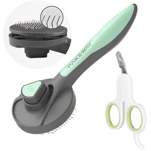 PAKEWAY Cat Dog Grooming Brush, Kitten Slicker Brush, Pet Self Cleaning Shedding Brush Massage Combs for Cats and Dogs with Short, Medium & Long Hair (Green + Pet Nail Clippers)