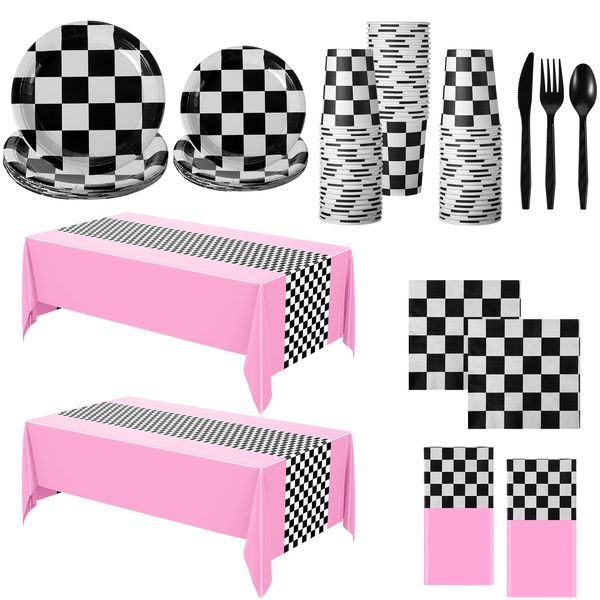 Oudain 162 Pcs Car Birthday Party Supplies for 20 Guests Checkered Racing Party Decorations 2 Checkered Racing Flag Rectangular Tablecloth for Racing Car Christmas Party Dinner Plates (Pink)