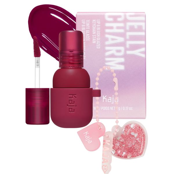 Kaja Lip & Blush Glazed Keychain Stain - Jelly Charm 01 Cherry Spritz | with Triple Berry Complex, Lemon Fruit Extract &Olive Squalane, Hydrating, Easily Buildable and Blendable, Long Lasting Tint