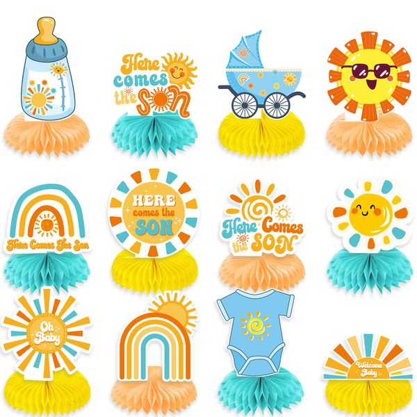 Here Comes The Son Centerpieces Table Decorations - 12 Pieces Boho Sun Rainbow Baby Bottle Stroller Bodysuit Honeycomb Centerpieces, Great for Here Comes The Son Baby Shower Decorations Supplies