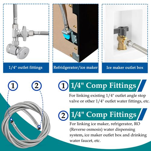 Refrigerator Ice Maker Water Line Kit - 15' Braided Stainless Steel Fridge Water Line with 1/4" Compression Fittings Pex Tubing Core and Water Splitter