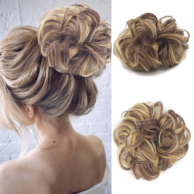 Gairyan Haarteil Mit Gummiband Dutt Haarteil Gelockt Haargummi Mit Haaren Haarverlängerung Synthetisch Pferdeschwanz Haarteile Messy Bun Haardutt Hochsteckfrisuren für Damen Mädchen, Blond & Brünett