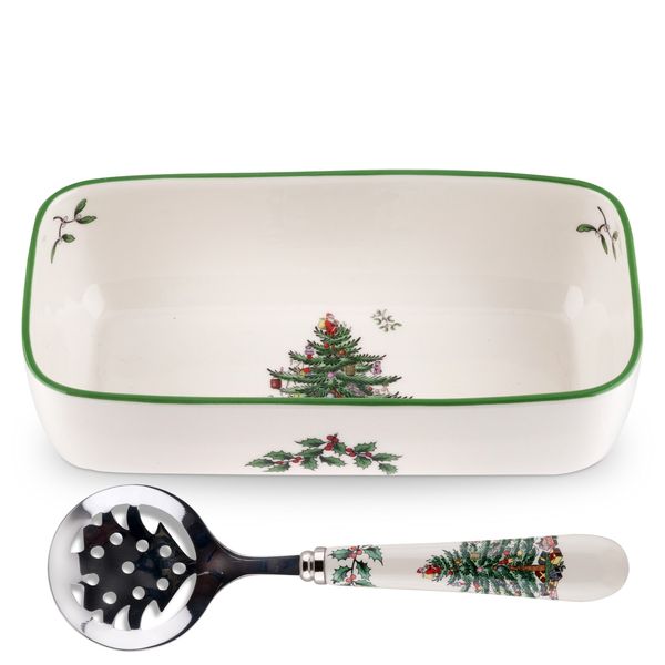 Spode Christmas Tree Cranberry Bowl with Slotted Spoon