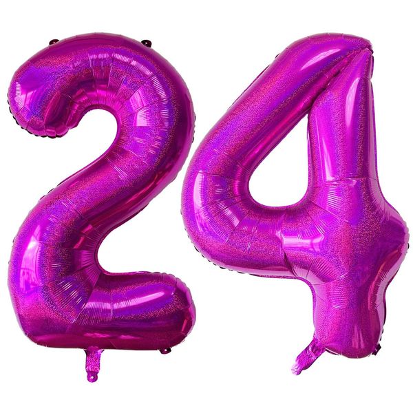 Laser Pink 24 Number Balloons 40 Inch Giant Hot Pink Sweet 24 Helium Balloons for 24th Girls Birthday Party Supplies 24th Anniversary Events Decorations