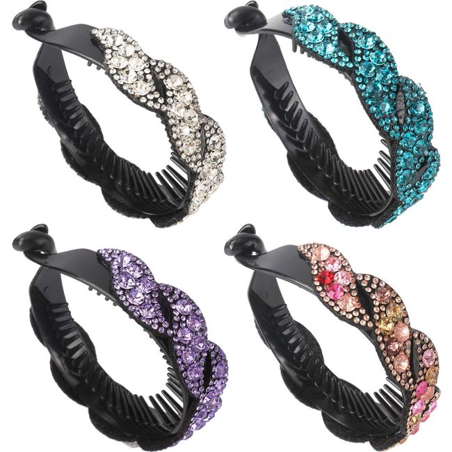 Lawie 4 Pack Big Rhinestone Gem Jeweled Glitter Sparkly Leaf Plastic Banana Hair Claws Clips Clutcher Jaw Barrettes Grips Clamps Ponytail Bun Chignon Twist Holder Thick Hair Accessories for Women Girl