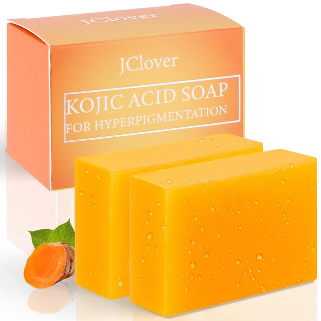 JClover Kojic Acid Soap Dark Spot Remover Soap Bars Moisturizing for Face & Body, Reduce Acne Scars, Natural Bar Soap with Vitamins C, Hyaluronic Acid, Turmeric, Olive Oil - 3.5 oz (2 Bars)