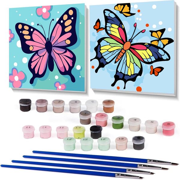 nekpiahu 2 Framed Butterfly Paint by Numbers Kit for Kids - Kids paint by Number Kits Age 5-8-12, Easy Acrylic Oil Paint by Number for Kids 8x8inch