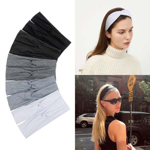 Tobeffect Headbands for Women Non Slip | Thin Cotton Cloth Stretchy Headbands for Womens Hair | Turban Look Fashion Black White Hairbands for Workout Yoga Fabric Hair Bands