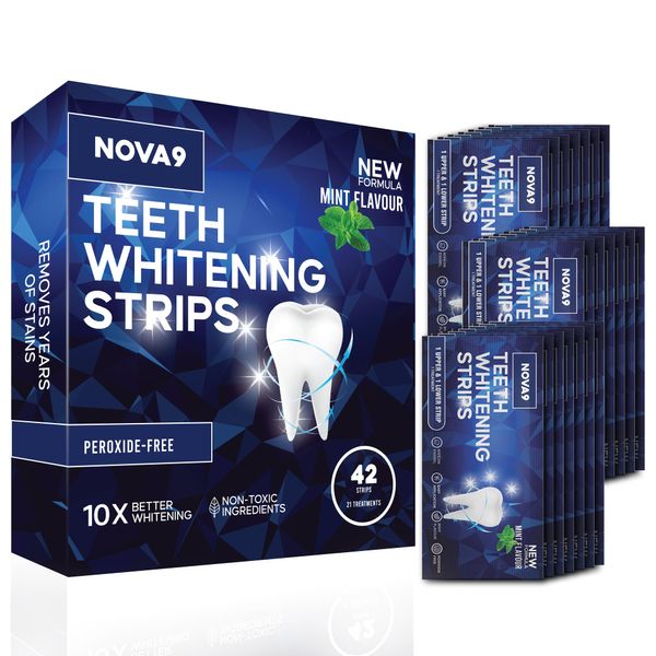 Nova9 Premium Teeth Whitening Strips, 42 Tooth White Strips, Sensitivity Free Whitening Kit, Peroxide Free, 21 Treatments for Effective White Teeth, UK Dentist Formulated Safe + Teeth Gel Pen Whitener