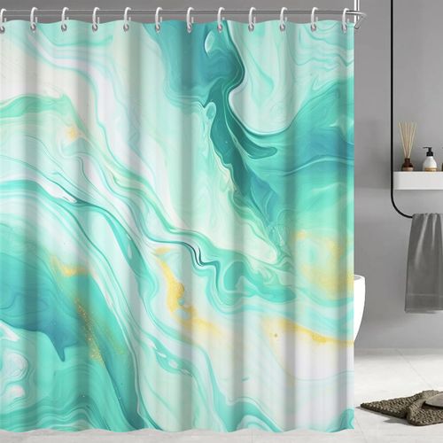 Ruelvth Turquoise Shower Curtain, Modern Teal and Gold Marble Shower Curtain for Bathroom Aesthetic Waterproof Shower Curtain Set with Hooks, 72x72 Inch