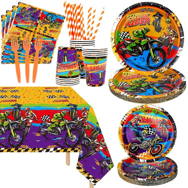 Dirt Bike Party Supplies, Includes Plate, Napkin, Cups, Forks, Tablecloth, for Kids Boys Girls Motorcycle Extreme Sports Birthday Decorations, Serve 20