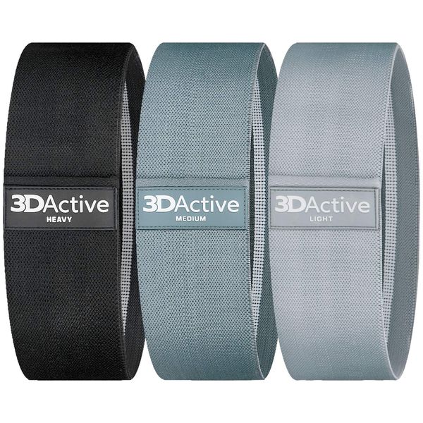 3DActive Fabric Resistance Bands for Legs and Butt. Wide Non-Slip Hip Band Set for Home and Gym Workouts. Exercise Guide and Carry Bag Included (Black, Dark Grey, Light Grey)