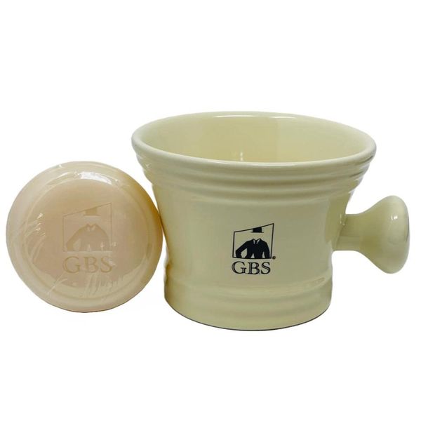 G.B.S Heavy Duty Ceramic Ivory Shaving Mug with Knob Handle and Natural Soap