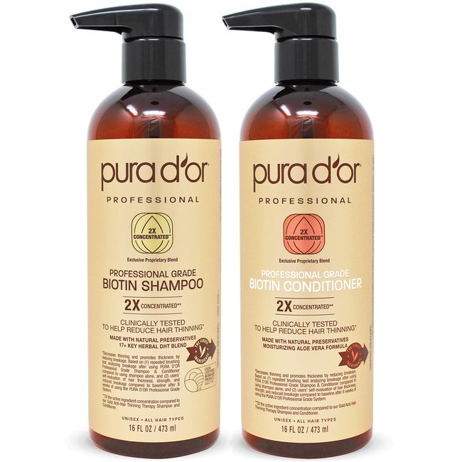 PURA D'OR Professional Anti-Thinning Hair Prevention 2X Concentrated Ingredients Shampoo & Conditioner, Sulfate Free, Natural Ingredients, Clinically tested, For All Hair Types, Men & Women (Packaging May Vary) Combo (Shampoo & Conditioner)