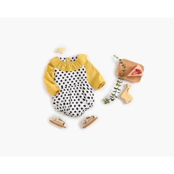 Baby Girl Polka Dot Pattern Ruffle Collar Design Long Sleeves Bodysuit Onesies - 66 (3-6M) / Yellow