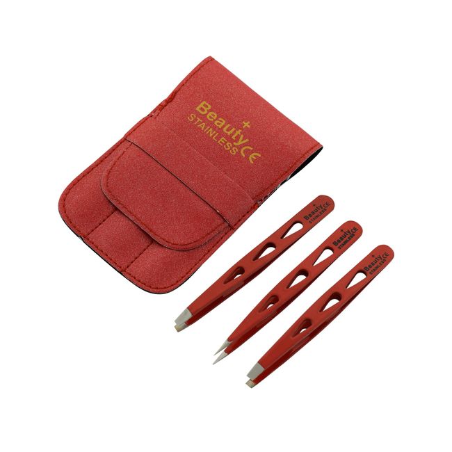 Beauty+ Precision Tweezers Set – Pack of 3 Tweezers with Handy Carry Pouch, Stainless Steel Tweezer Set with Light Weight Handle, Splinter Hair and Facial Hair Remover Set (Red Leaf)