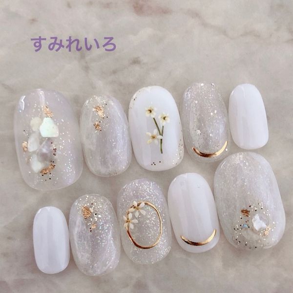 Nail tip false nails bridal nails cute short long design summer nails nail present short nails small nails large nails berry short chibi nails adult nails false nails office nails simple<br> [1776] White Marble Flower Shell Botanical