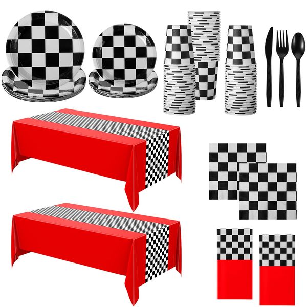 Oudain 162 Pcs Car Birthday Party Supplies for 20 Guests Checkered Racing Party Decorations 2 Checkered Racing Flag Rectangular Tablecloth for Racing Car Christmas Party Dinner Plates (Red)