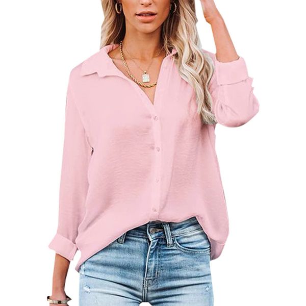 Womens Blouse Casual Long Sleeve Shirt Tops V Neck Button Down Shirts Basic Loose Tunic T Shirts (M, Pink)