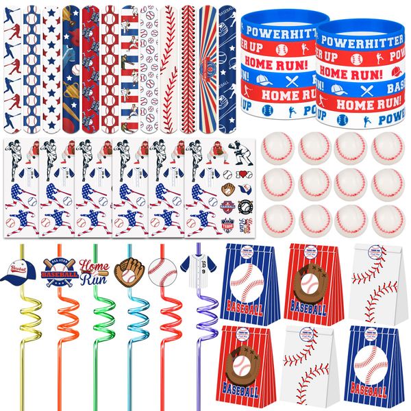 Erweicet Baseball Party Favors Set 72 PCS Baseball Slap Straws Silicone Bracelets Tattoo Stickers Mini Bouncy Balls Toy for Goodie Bag Fillers Baseball Themed Birthday Party Supplies