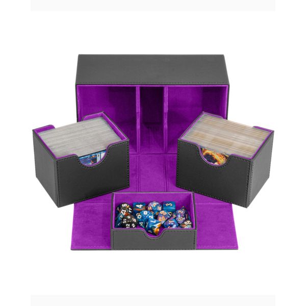 Durable Double Deck Box with Dice Tray - MTG Deck Box Commander Friendly - Protects 200+ Double Sleeved Cards - Designed for MTG Commander Deck Box with Sideloading Card Trays (Purple Fire)