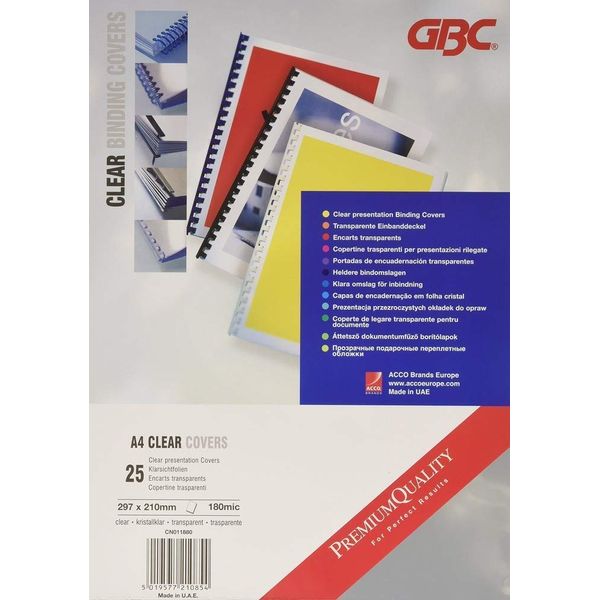 GBC HiClear Binding Covers, A4 Size Pack of 25-180 microns Transparent